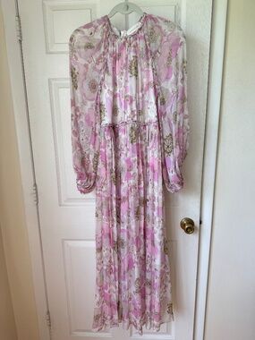 Zimmermann Pink Floral Long Sleeve Braided Trim Midi Dress Size 2